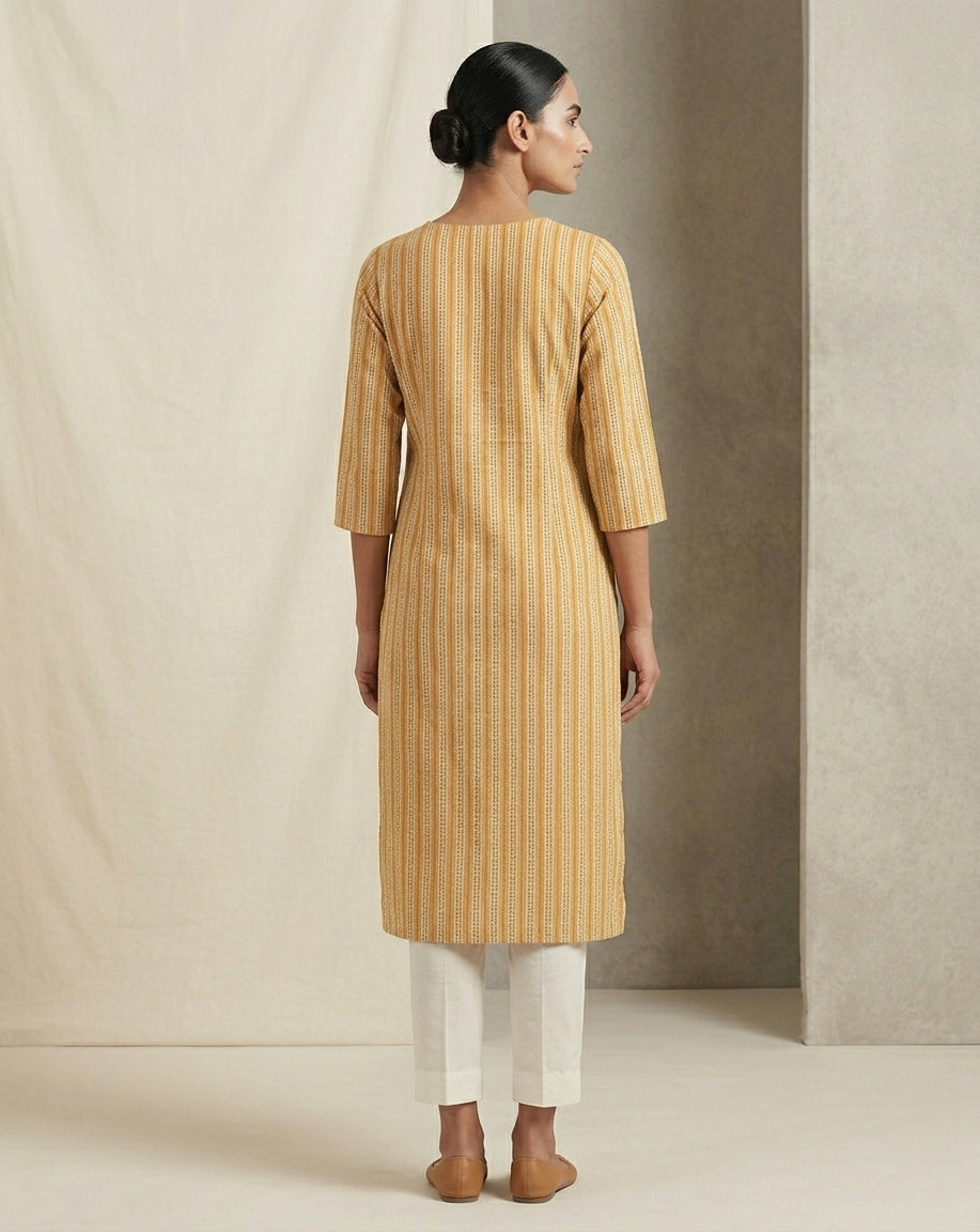 Mustard Yellow Geometric Striped Cotton Straight Kurta