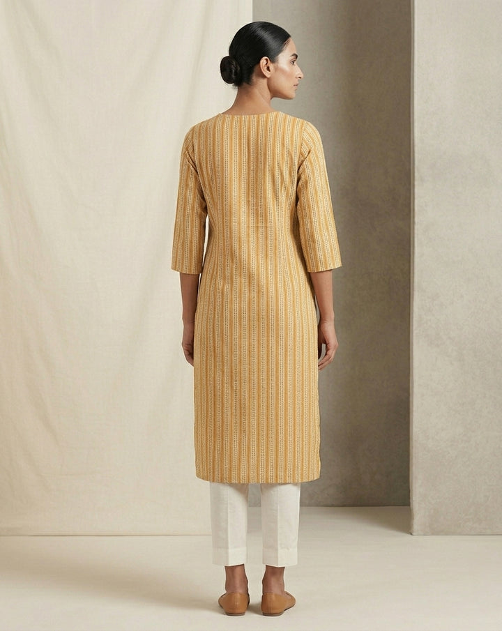 Mustard Yellow Geometric Striped Cotton Straight Kurta