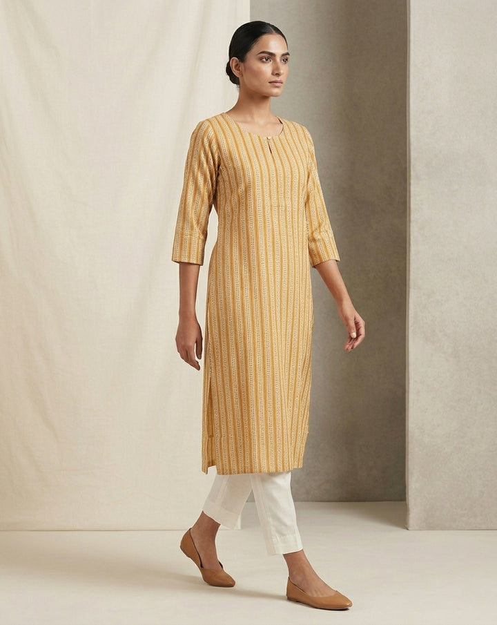 Mustard Yellow Geometric Striped Cotton Straight Kurta