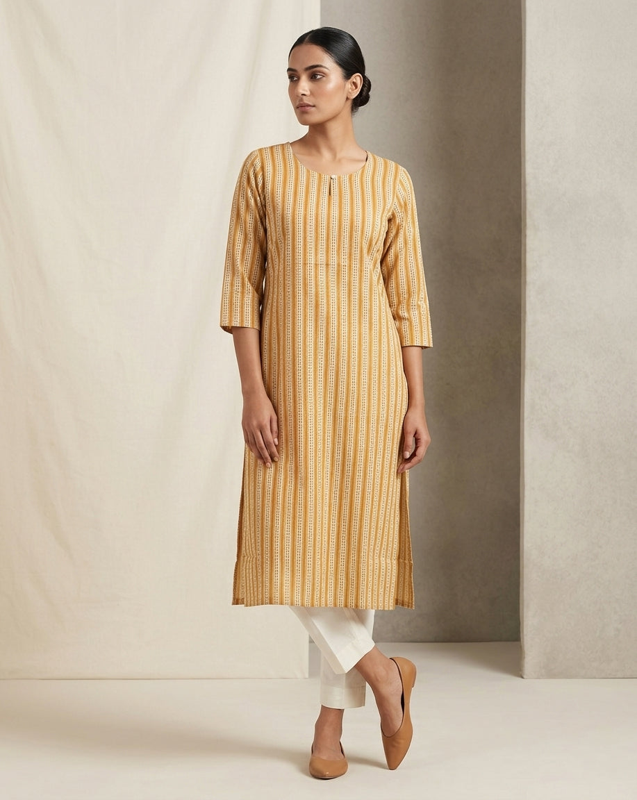 Mustard Yellow Geometric Striped Cotton Straight Kurta