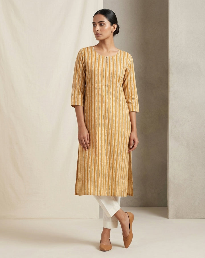 Mustard Yellow Geometric Striped Cotton Straight Kurta