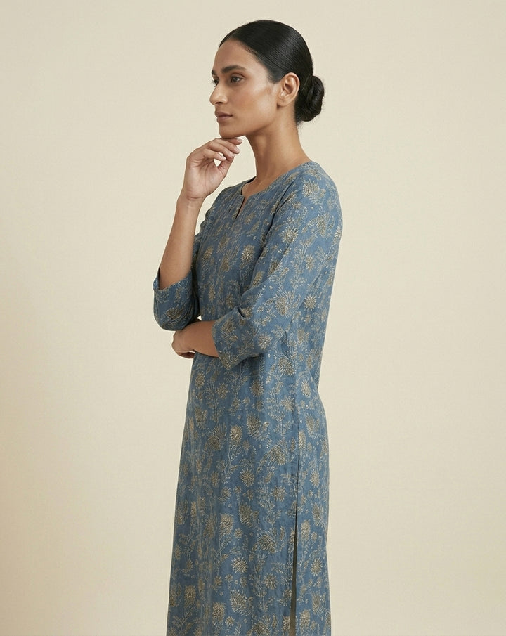 Indigo Blue Floral Vine Cotton-Blend Straight Kurta