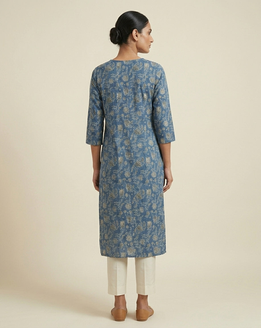 Indigo Blue Floral Vine Cotton-Blend Straight Kurta