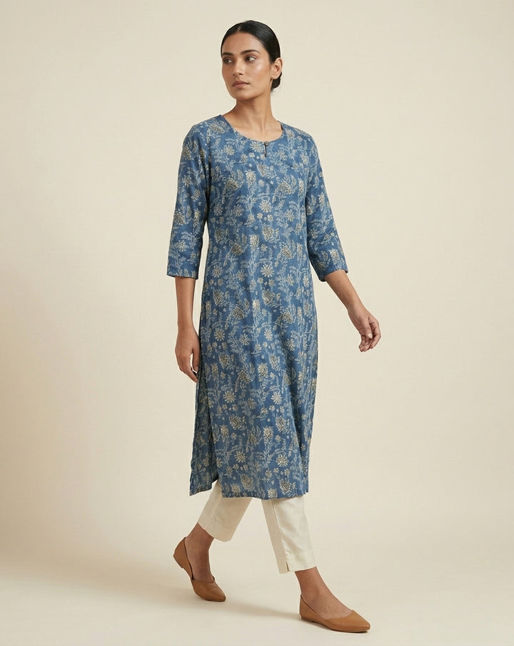 Indigo Blue Floral Vine Cotton-Blend Straight Kurta