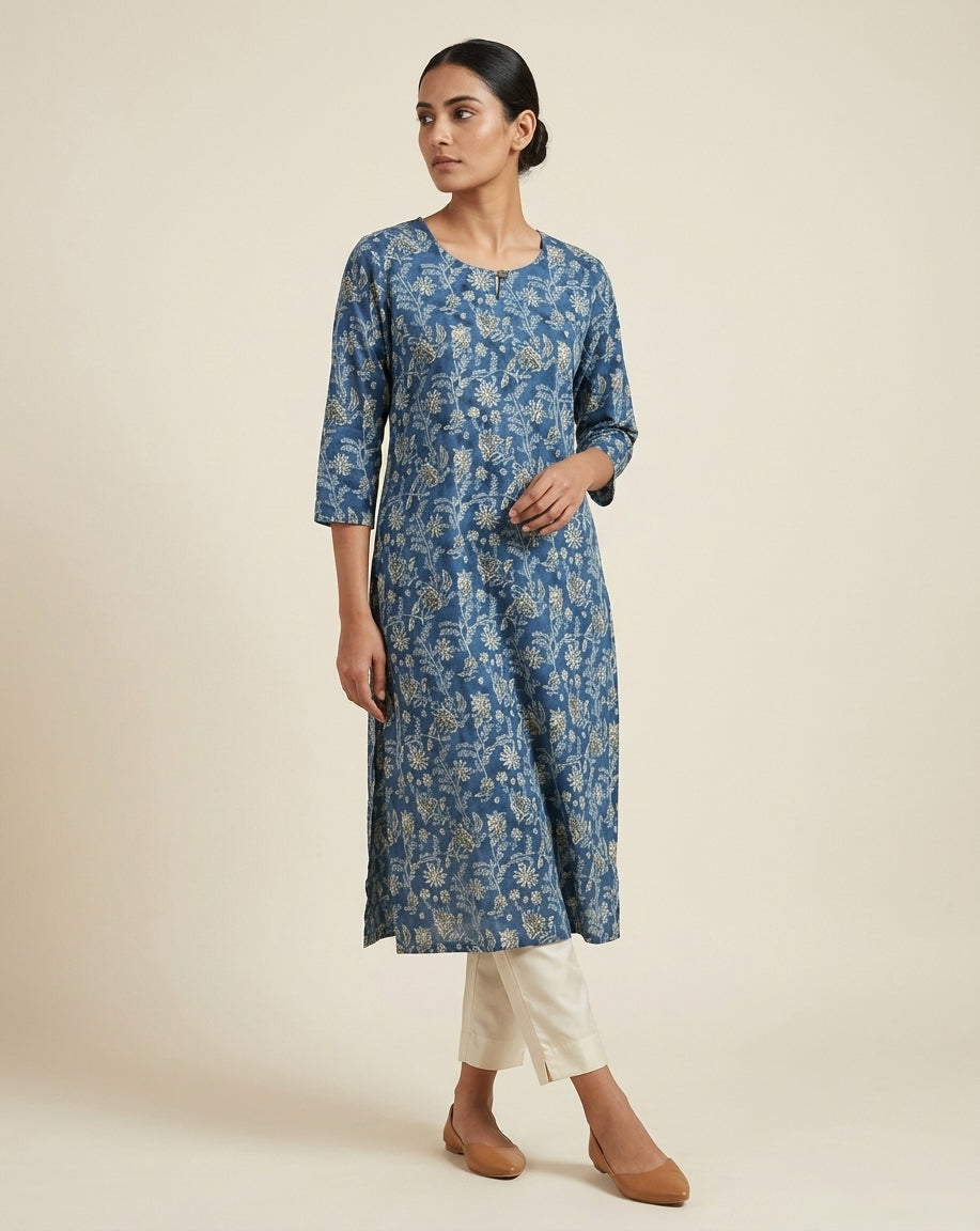 Indigo Blue Floral Vine Cotton-Blend Straight Kurta