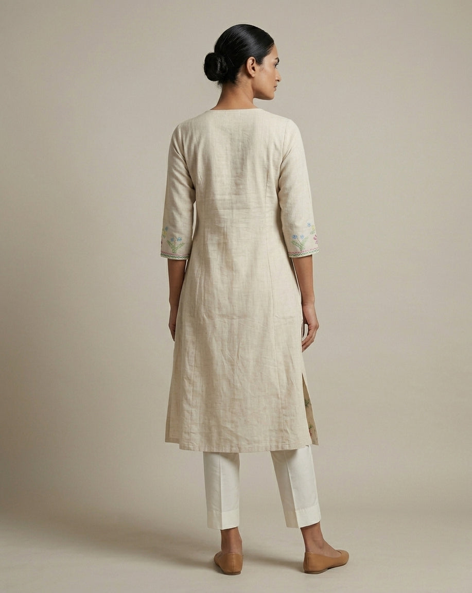 Beige Cotton-Linen A-Line Kurta with Pintucks &amp; Floral Embroidery