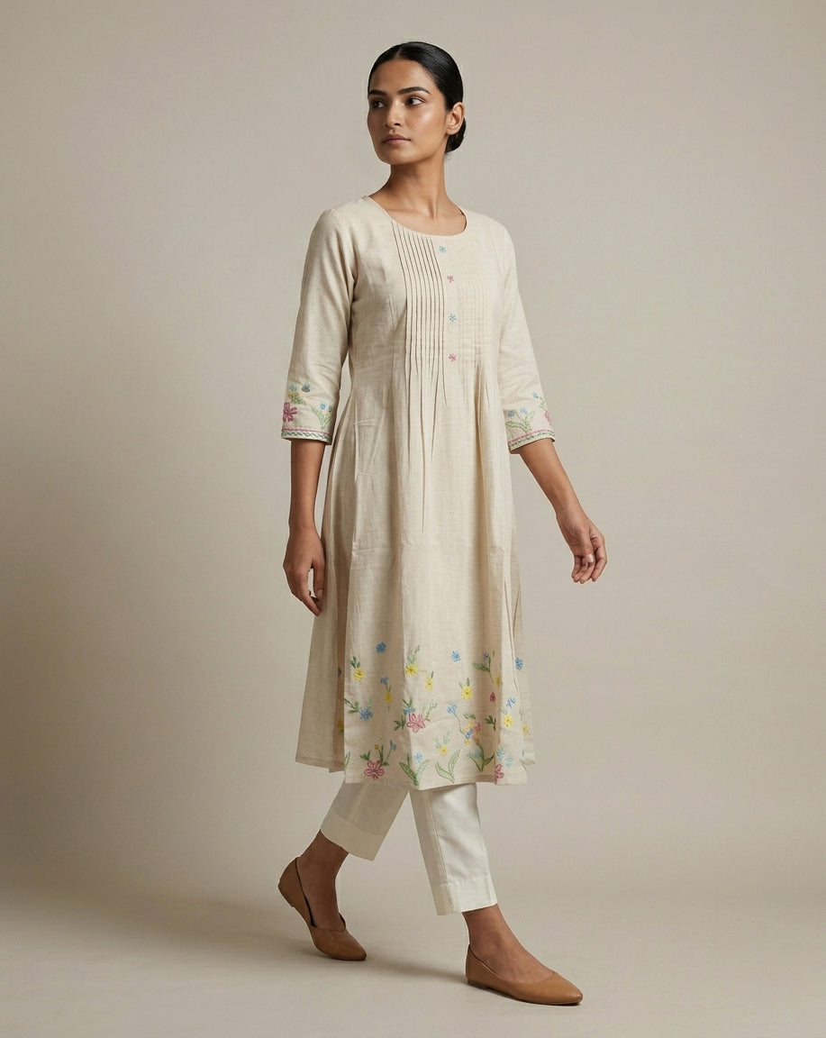 Beige Cotton-Linen A-Line Kurta with Pintucks &amp; Floral Embroidery