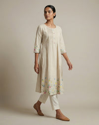 Beige Cotton-Linen A-Line Kurta with Pintucks & Floral Embroidery 2