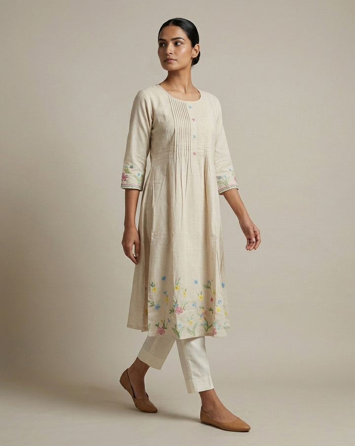 Beige Cotton-Linen A-Line Kurta with Pintucks &amp; Floral Embroidery