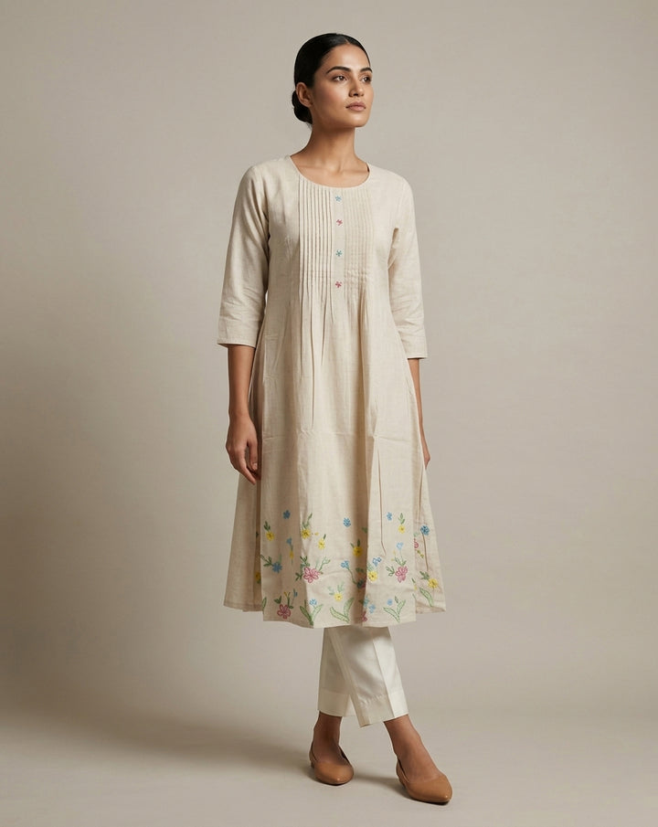 Beige Cotton-Linen A-Line Kurta with Pintucks &amp; Floral Embroidery