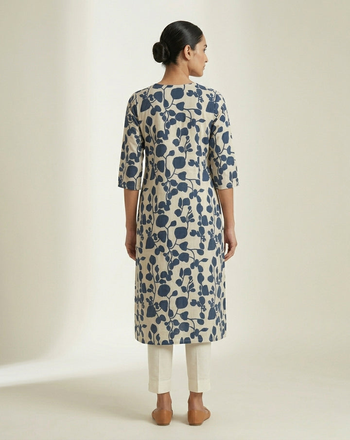 Ivory &amp; Indigo Blue Leaf Print Cotton-Blend Straight Kurta