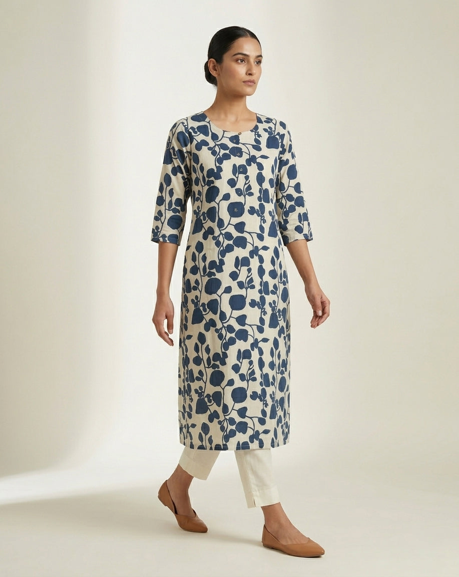 Ivory &amp; Indigo Blue Leaf Print Cotton-Blend Straight Kurta