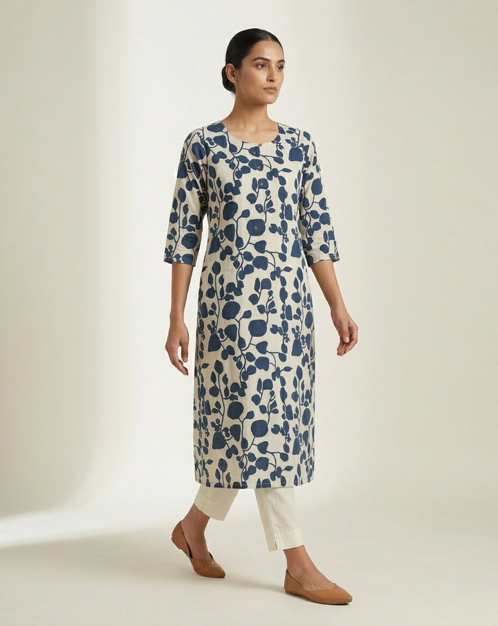 Ivory &amp; Indigo Blue Leaf Print Cotton-Blend Straight Kurta