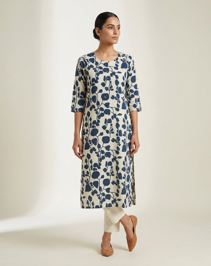 Ivory &amp; Indigo Blue Leaf Print Cotton-Blend Straight Kurta