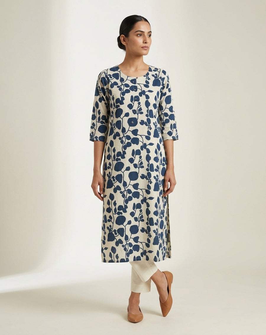 Ivory & Indigo Blue Leaf Print Cotton-Blend Straight Kurta