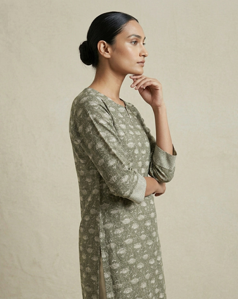 Olive Green Floral Block-Print Cotton Straight Kurta