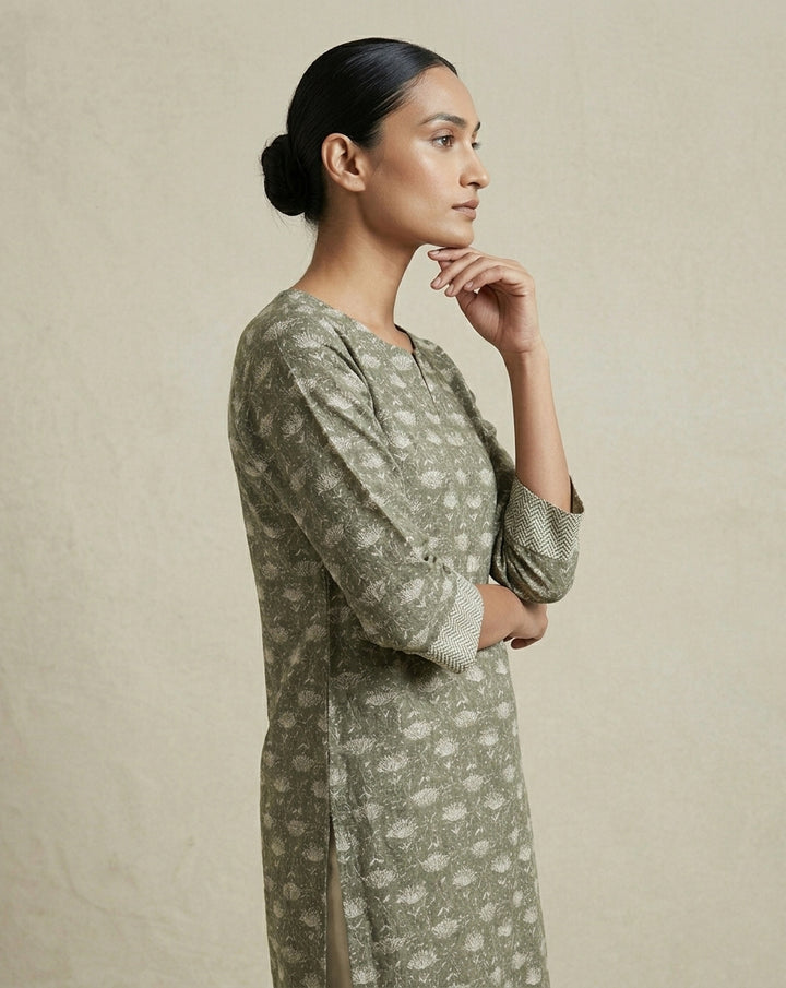 Olive Green Floral Block-Print Cotton Straight Kurta