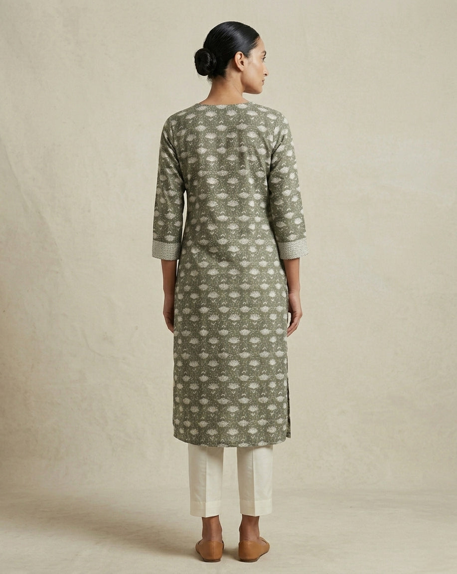 Olive Green Floral Block-Print Cotton Straight Kurta