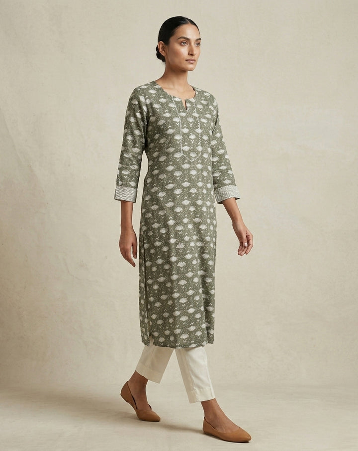 Olive Green Floral Block-Print Cotton Straight Kurta