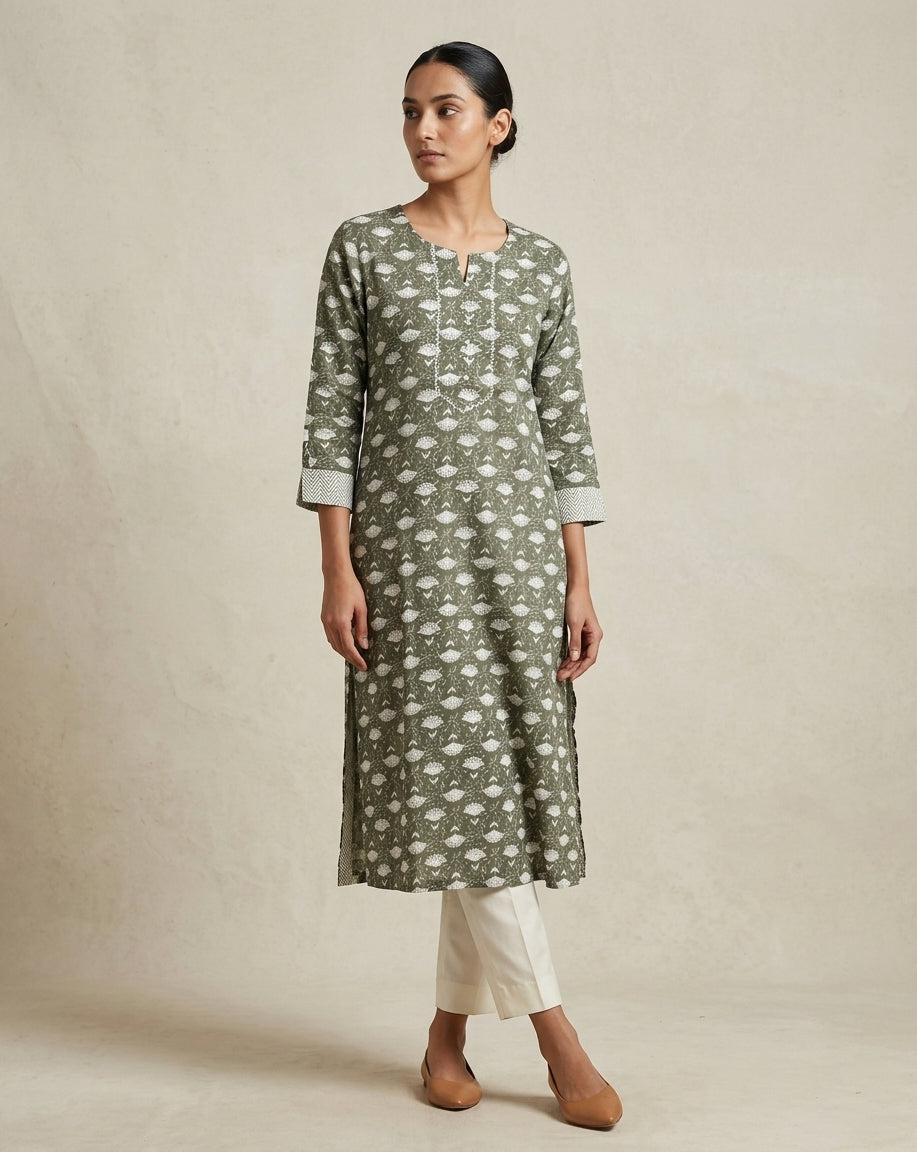 Olive Green Floral Block-Print Cotton Straight Kurta