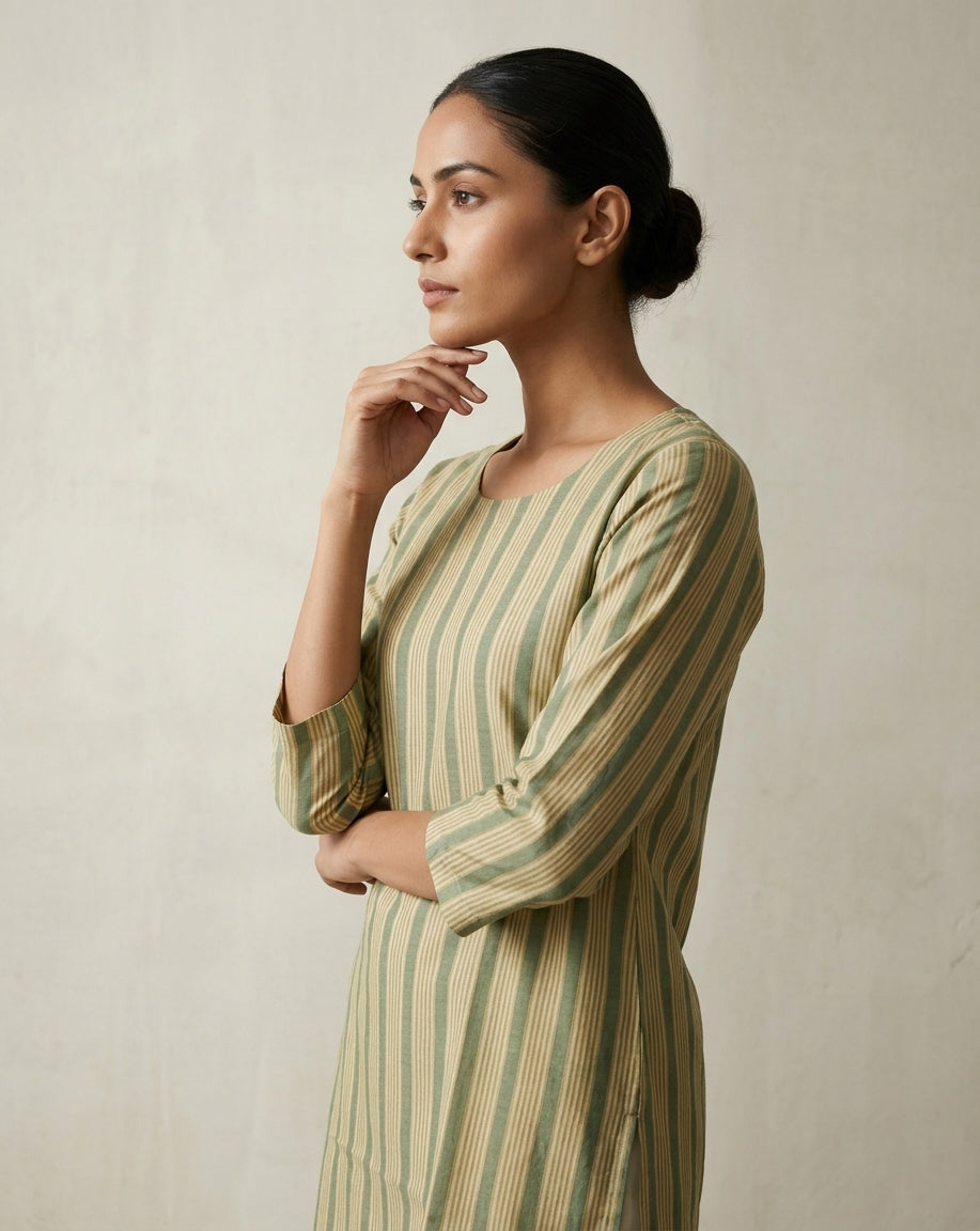 Sage &amp; Olive Vertical Striped Cotton-Blend Straight Kurta