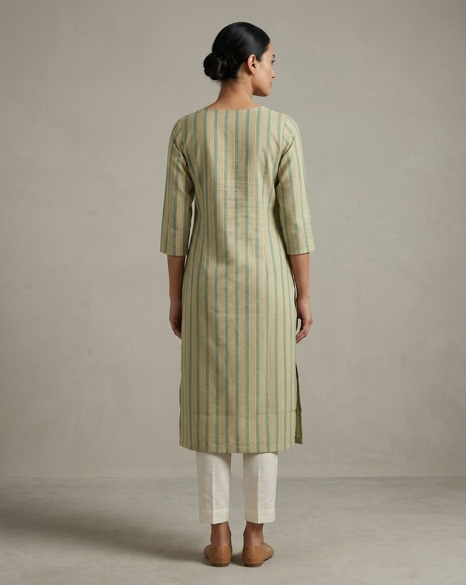 Sage &amp; Olive Vertical Striped Cotton-Blend Straight Kurta