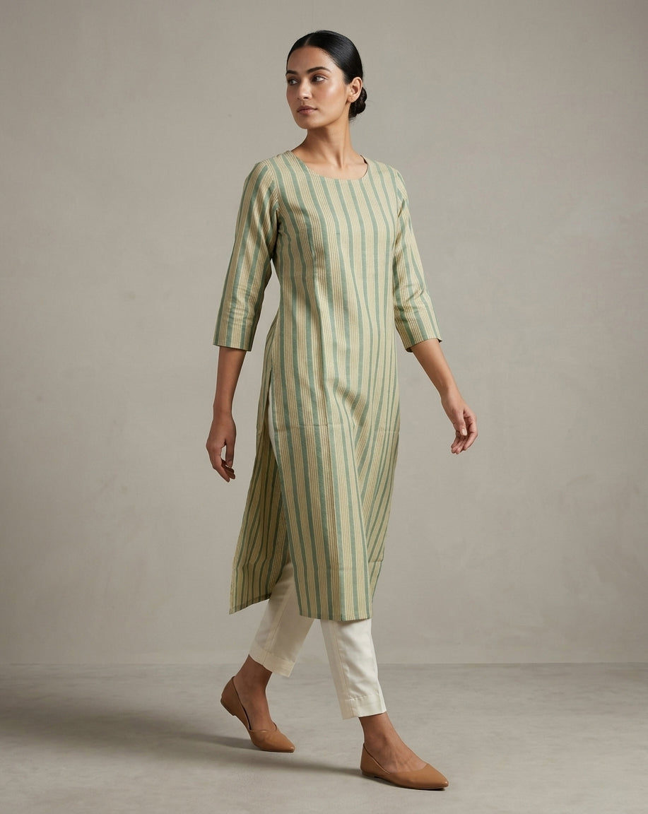 Sage &amp; Olive Vertical Striped Cotton-Blend Straight Kurta
