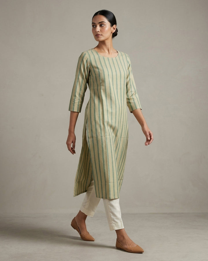 Sage &amp; Olive Vertical Striped Cotton-Blend Straight Kurta