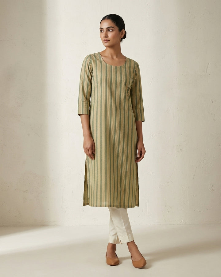 Sage &amp; Olive Vertical Striped Cotton-Blend Straight Kurta