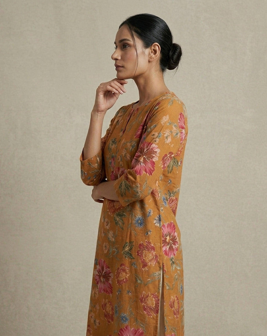 Orange Floral Printed Muslin Straight Kurta