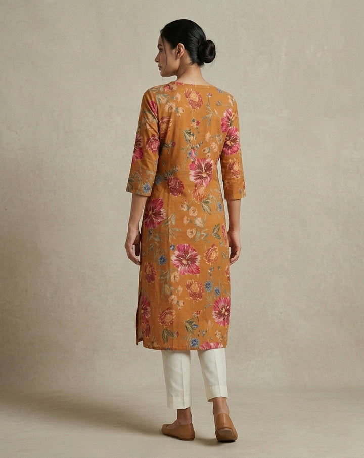 Orange Floral Printed Muslin Straight Kurta