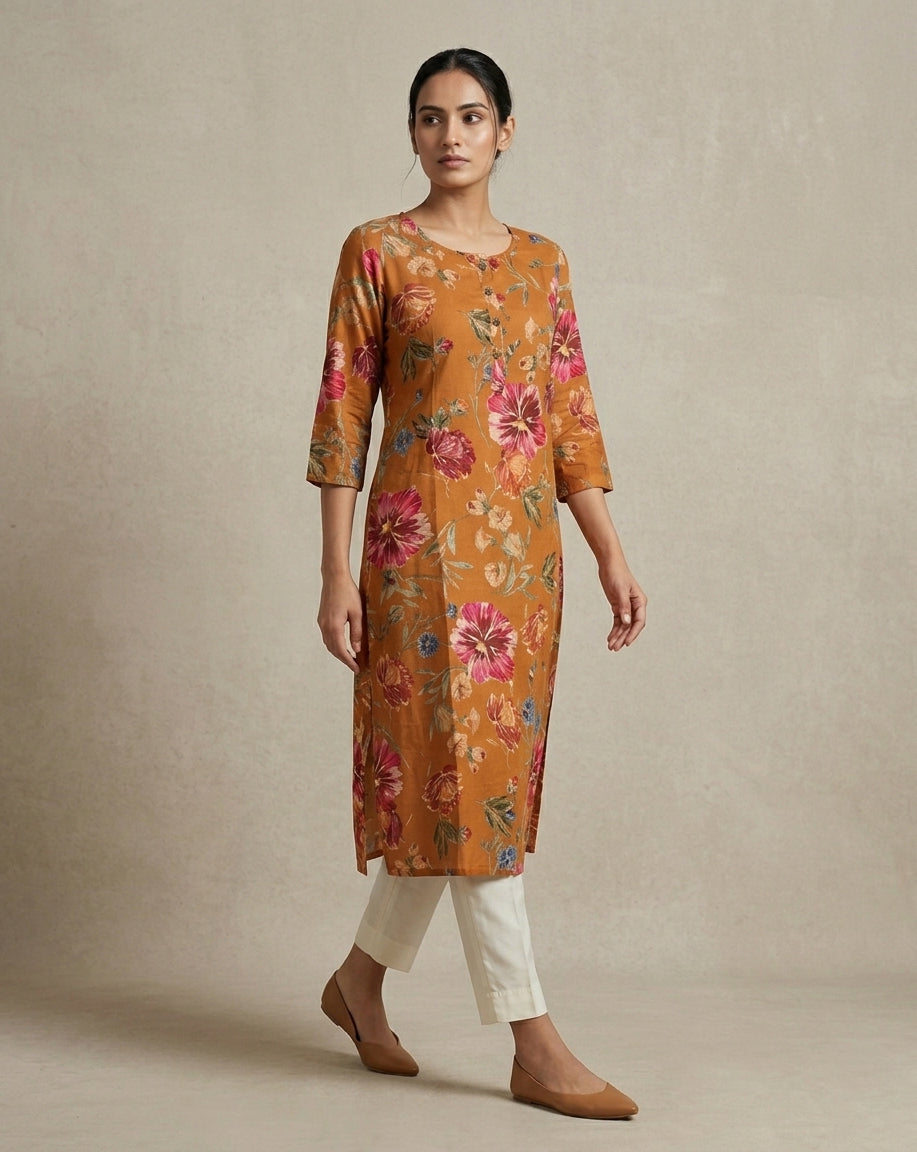 Orange Floral Printed Muslin Straight Kurta