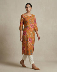 Orange Floral Printed Muslin Straight Kurta 2