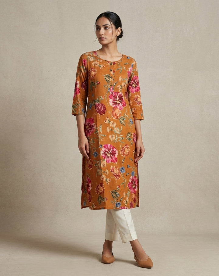 Orange Floral Printed Muslin Straight Kurta