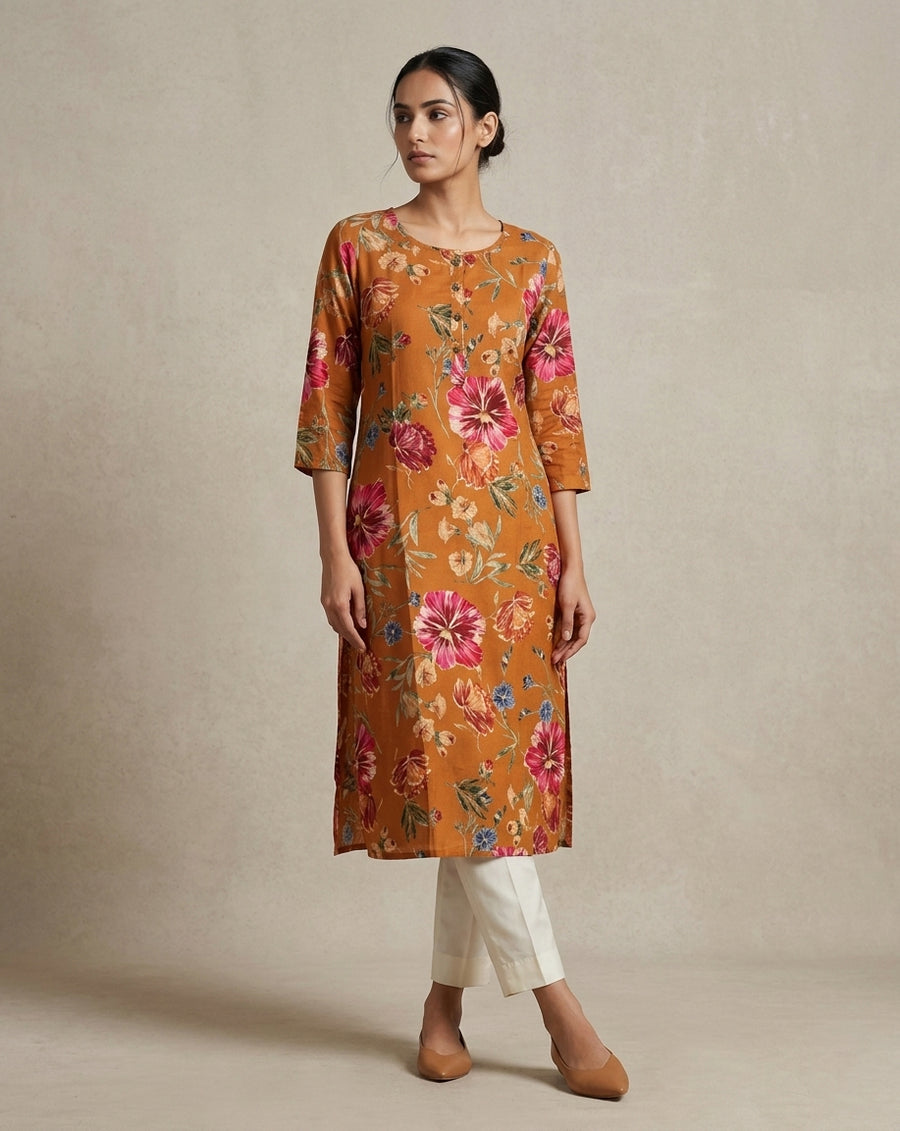 Orange Floral Printed Muslin Straight Kurta