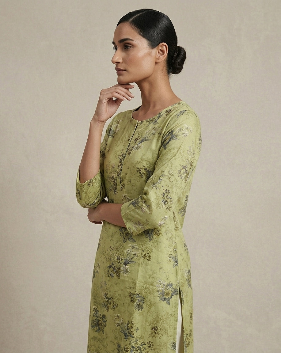 Sage Green Abstract Linear Wave Straight Kurti