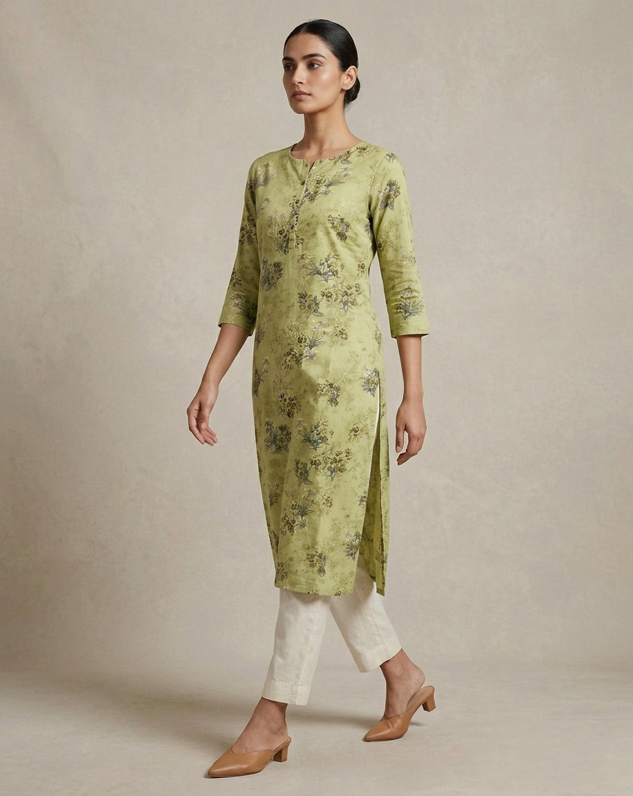 Sage Green Abstract Linear Wave Straight Kurti