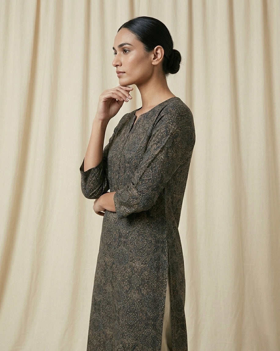 Charcoal Indigo Vintage Baroque Straight Kurti