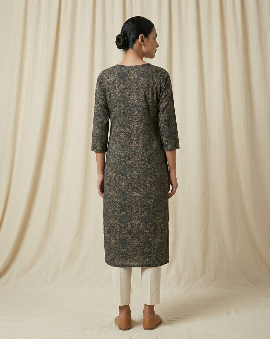 Charcoal Indigo Vintage Baroque Straight Kurti