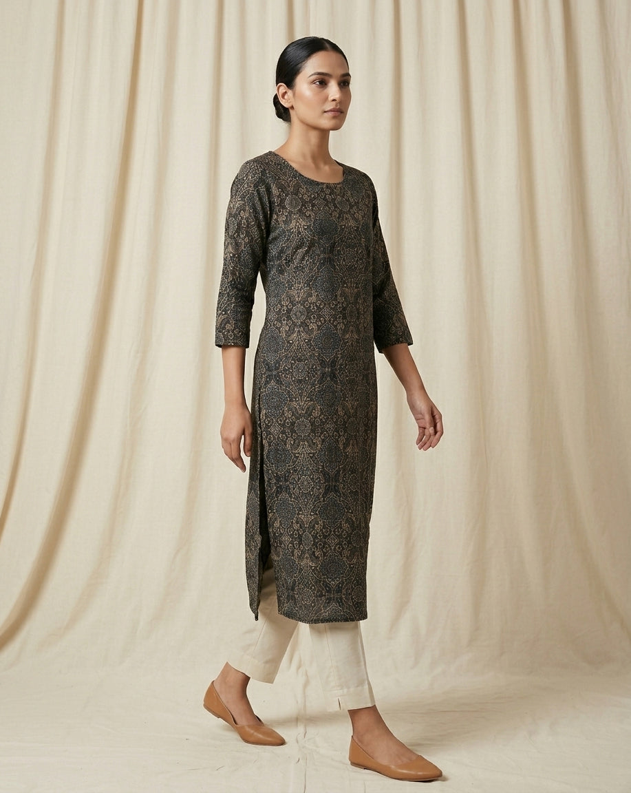 Charcoal Indigo Vintage Baroque Straight Kurti