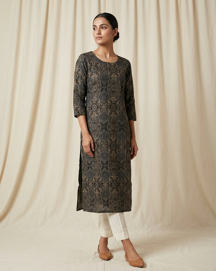 Charcoal Indigo Vintage Baroque Straight Kurti