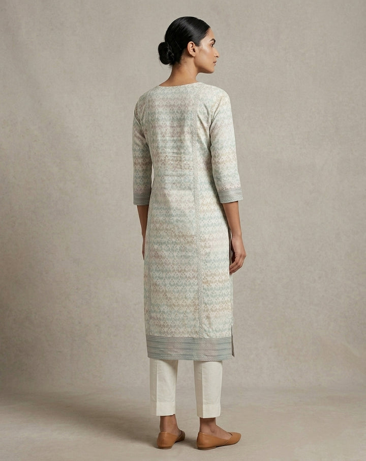Sage &amp; Lavender Geometric Leaf Print Angrakha-Style Kurti