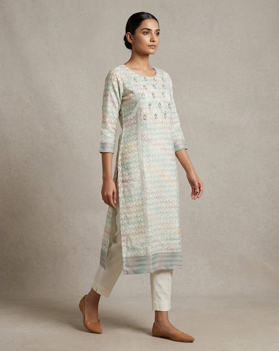 Sage &amp; Lavender Geometric Leaf Print Angrakha-Style Kurti