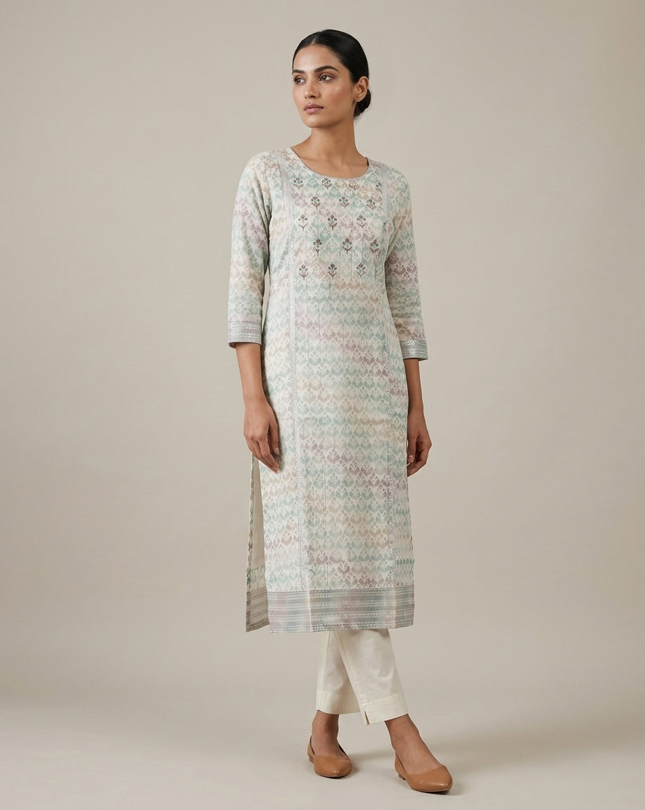 Sage &amp; Lavender Geometric Leaf Print Angrakha-Style Kurti