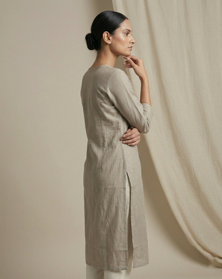 Taupe Tussar-Textured Straight Kurti