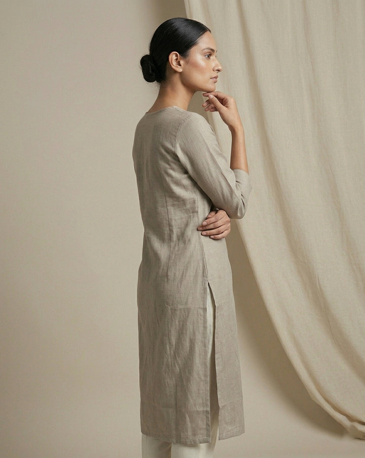 Taupe Tussar-Textured Straight Kurti