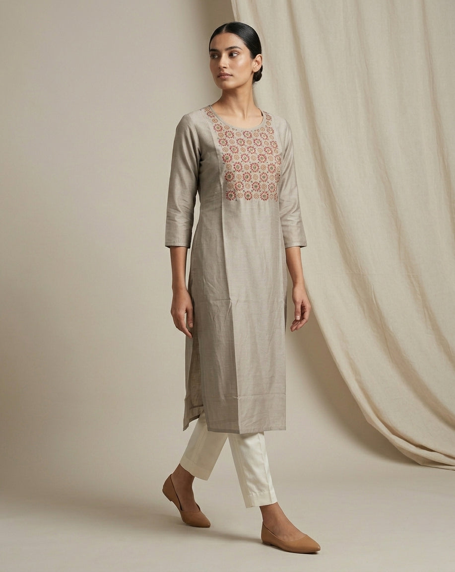 Taupe Tussar-Textured Straight Kurti