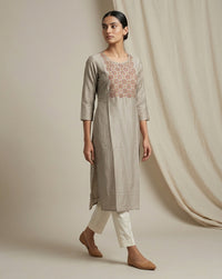 Taupe Tussar-Textured Straight Kurti 2