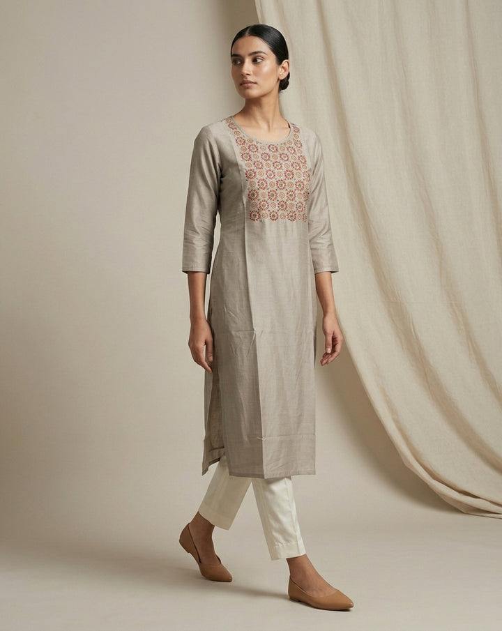 Taupe Tussar-Textured Straight Kurti