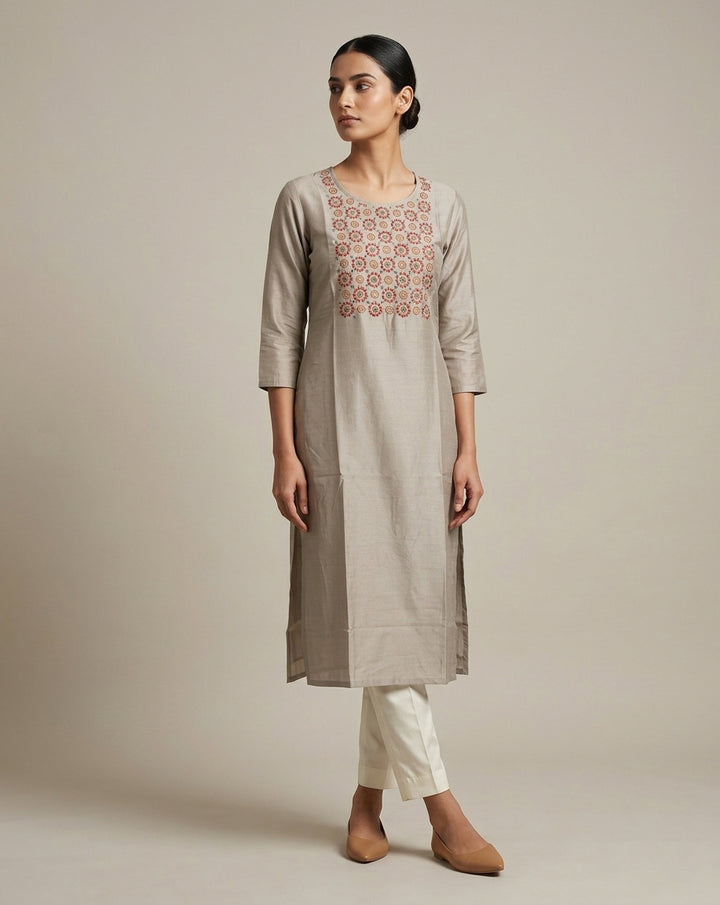 Taupe Tussar-Textured Straight Kurti